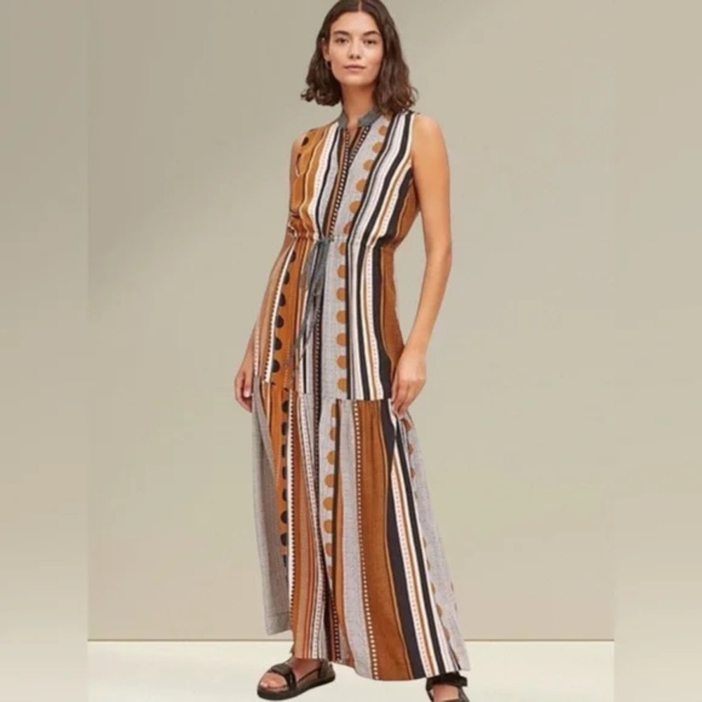 Anthropologie Striped Geometric Maxi Dress in Brown, White, Black